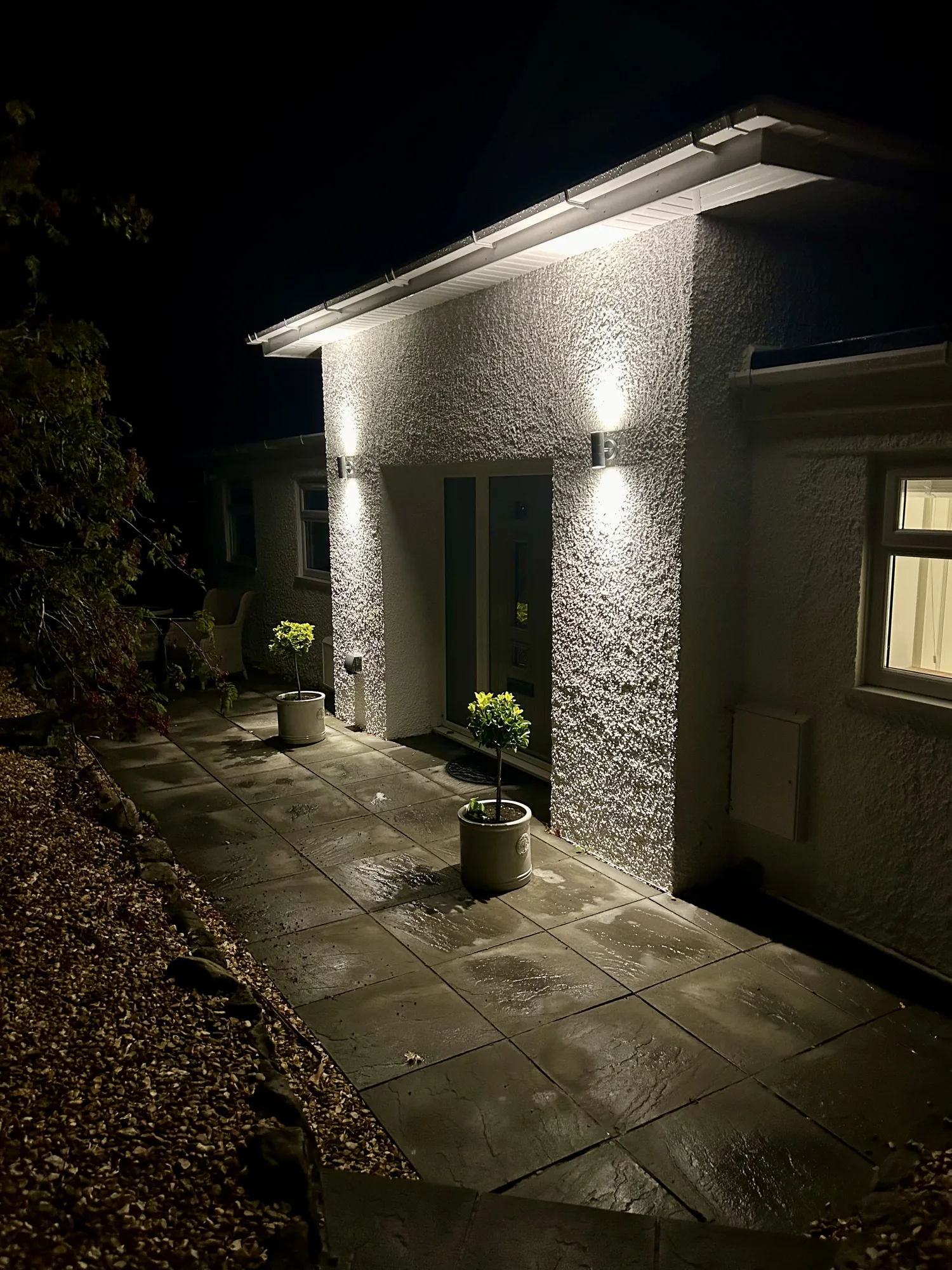 Pathway lighting along a garden walkway
