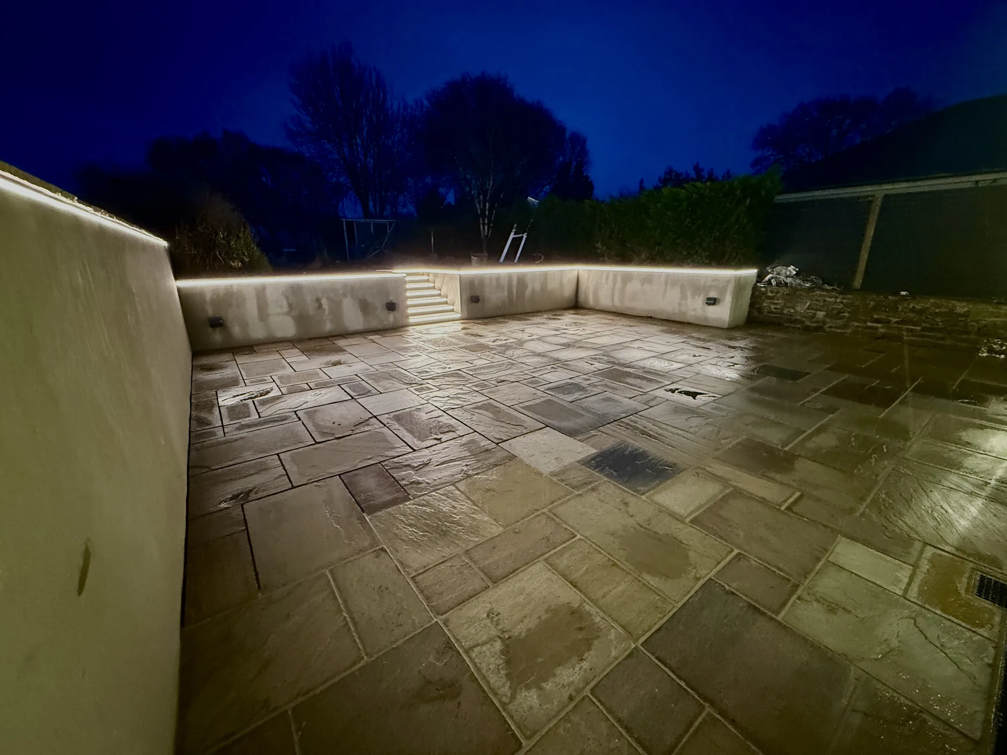 Outdoor lighting scheme at dusk
